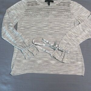 White House Black Market Cream Open-Knit Crewneck Sweater with Ribbon Cuffs